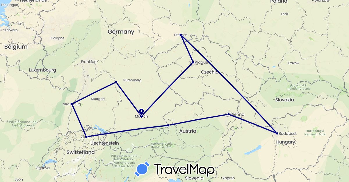 TravelMap itinerary: driving in Austria, Switzerland, Czech Republic, Germany, France, Hungary (Europe)